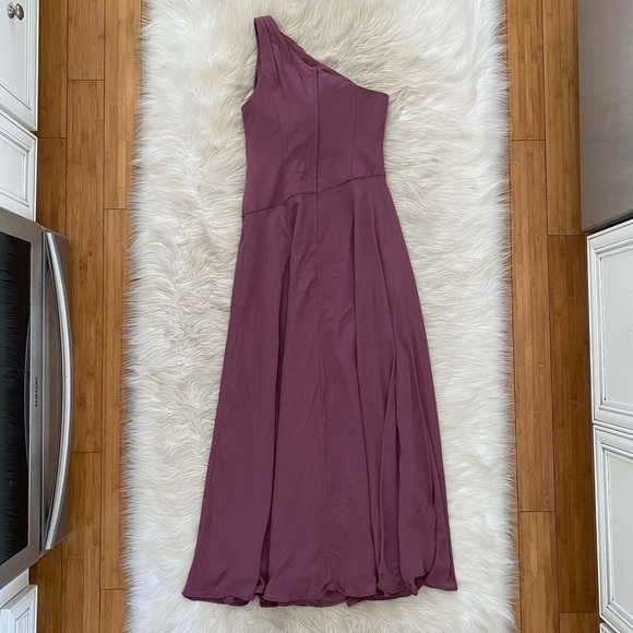 David’s Bridal Chianti Purple One Shoulder Georgette Cascade Bridesmaid Dress - Picture 7 of 14